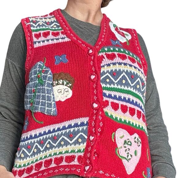 Vintage Karen Scott Red Knit Heart Patchwork Folk Art Sweater Vest Large Cozy - Picture 16 of 16